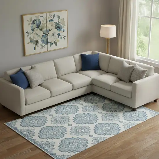 Teal And Ivory Medallion Washable Area Rug With UV Protection Photo 1