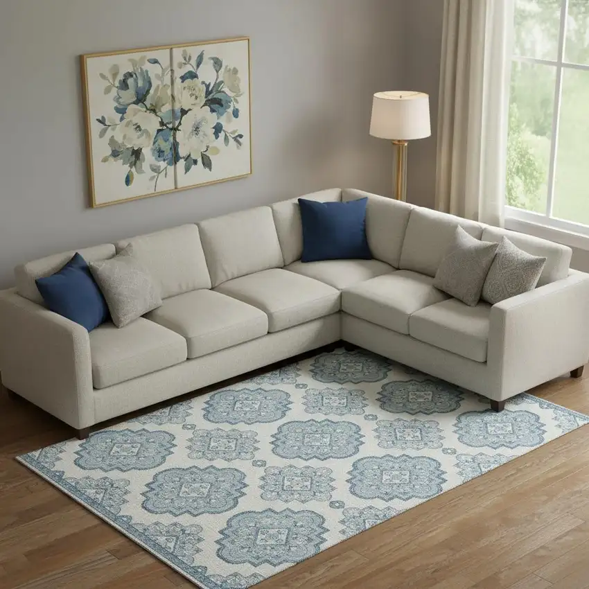 Teal And Ivory Medallion Washable Area Rug With UV Protection Photo 1