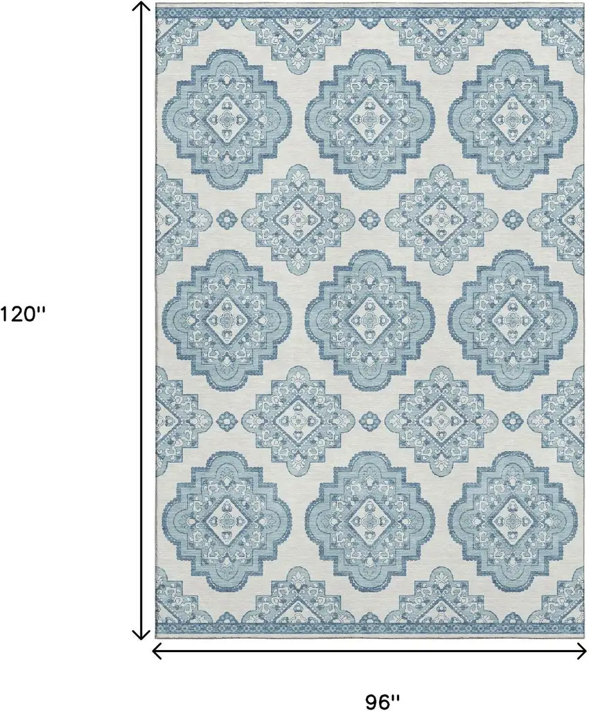 Teal And Ivory Medallion Washable Area Rug With UV Protection Photo 8