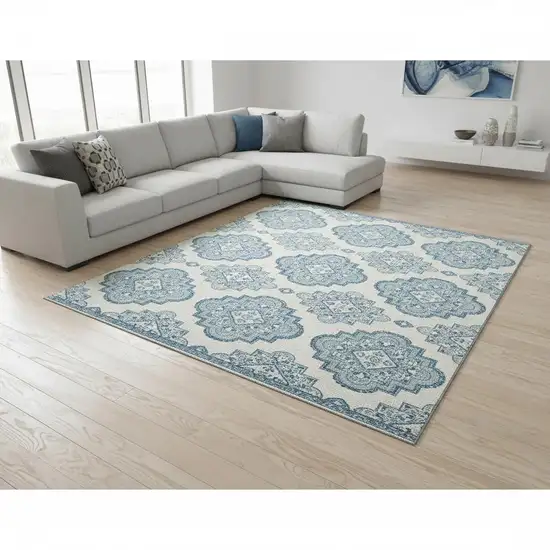 Teal And Ivory Medallion Washable Area Rug With UV Protection Photo 2