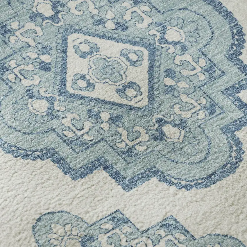 Teal And Ivory Medallion Washable Area Rug With UV Protection Photo 7