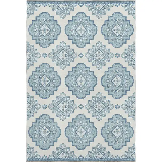 Teal And Ivory Medallion Washable Area Rug With UV Protection Photo 1