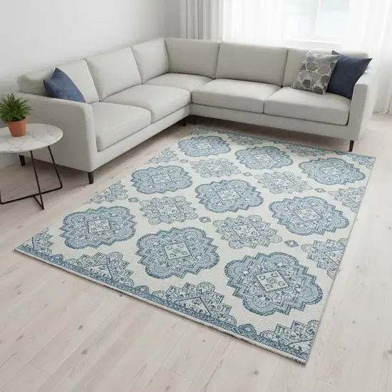 Teal And Ivory Medallion Washable Area Rug With UV Protection Photo 2