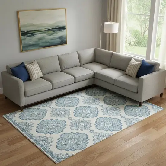 Teal And Ivory Medallion Washable Area Rug With UV Protection Photo 1