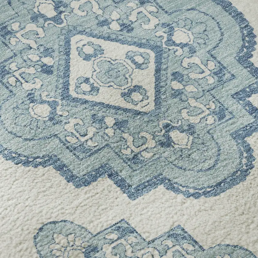 Teal And Ivory Medallion Washable Area Rug With UV Protection Photo 8
