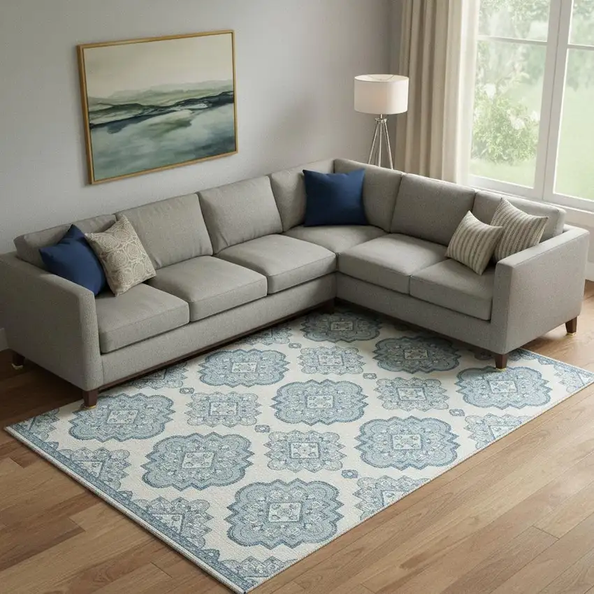 Teal And Ivory Medallion Washable Area Rug With UV Protection Photo 1