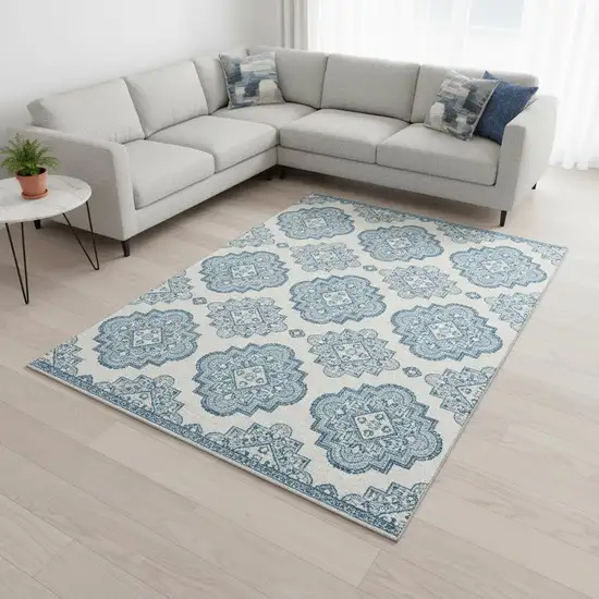 Teal And Ivory Medallion Washable Area Rug With UV Protection Photo 2