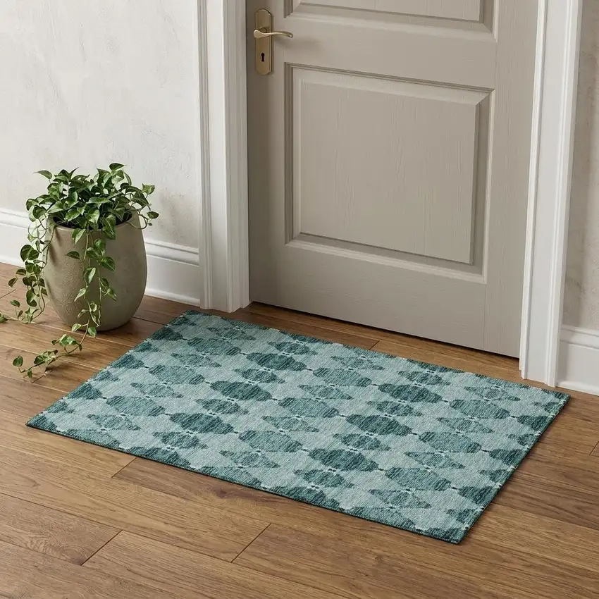 Teal And Ivory Moroccan Washable Area Rug With UV Protection Photo 1
