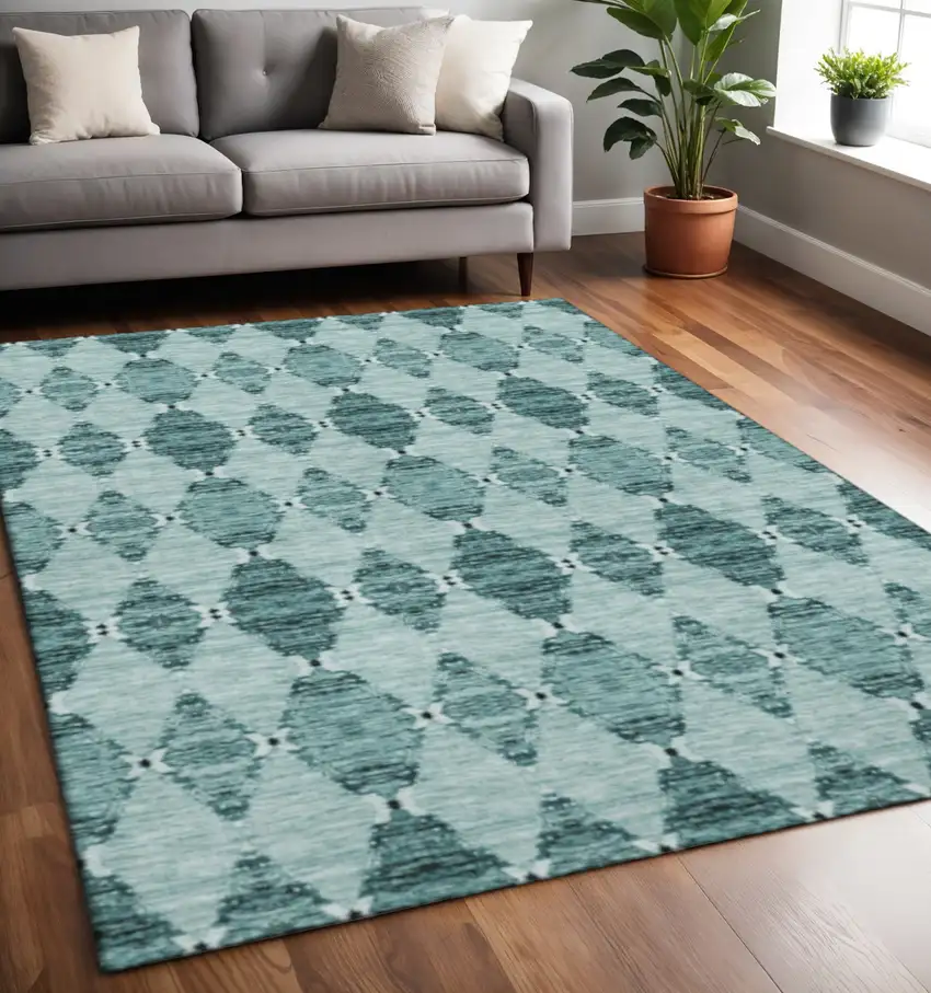 Teal And Ivory Moroccan Washable Area Rug With UV Protection Photo 2