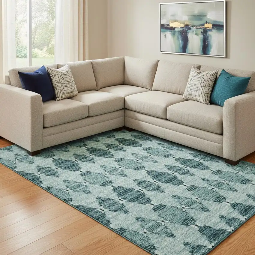 Teal And Ivory Moroccan Washable Area Rug With UV Protection Photo 1