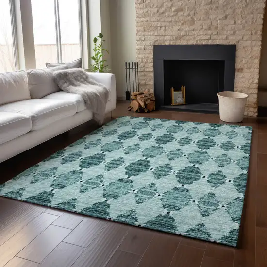 Teal And Ivory Moroccan Washable Area Rug With UV Protection Photo 4