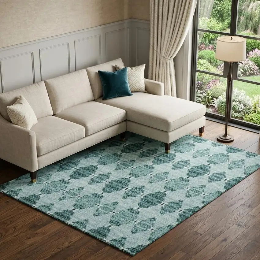 Teal And Ivory Moroccan Washable Area Rug With UV Protection Photo 1