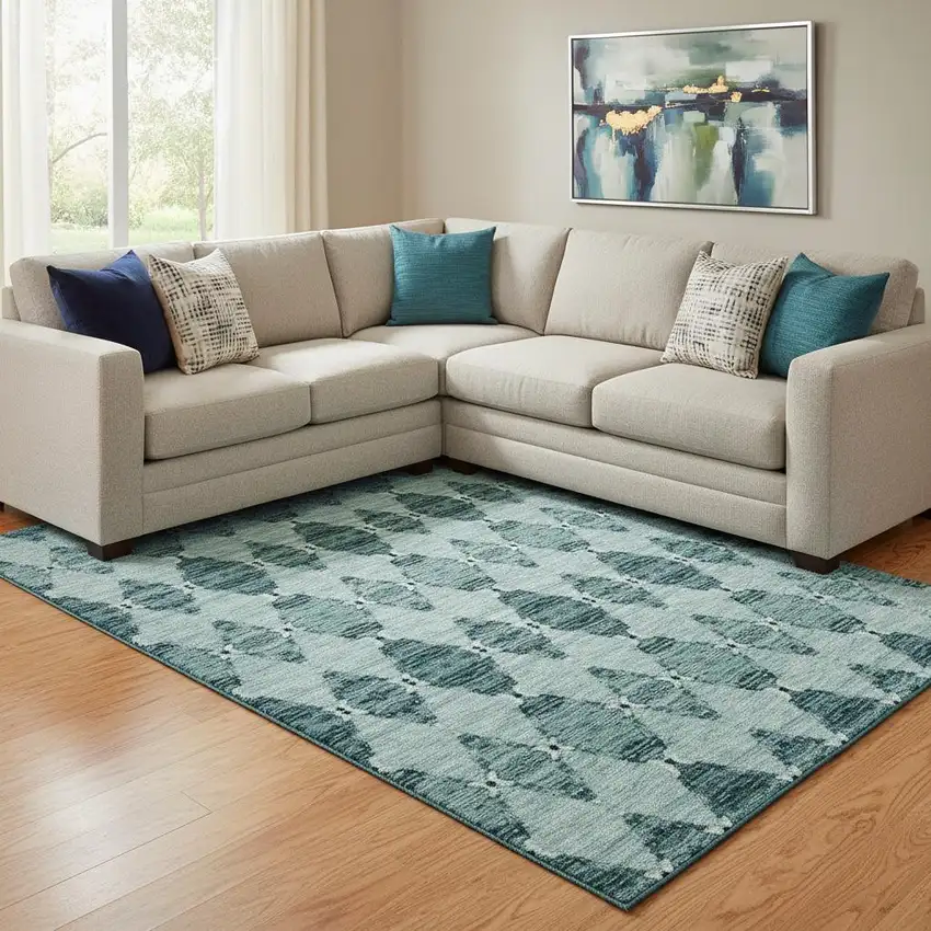 Teal And Ivory Moroccan Washable Area Rug With UV Protection Photo 1