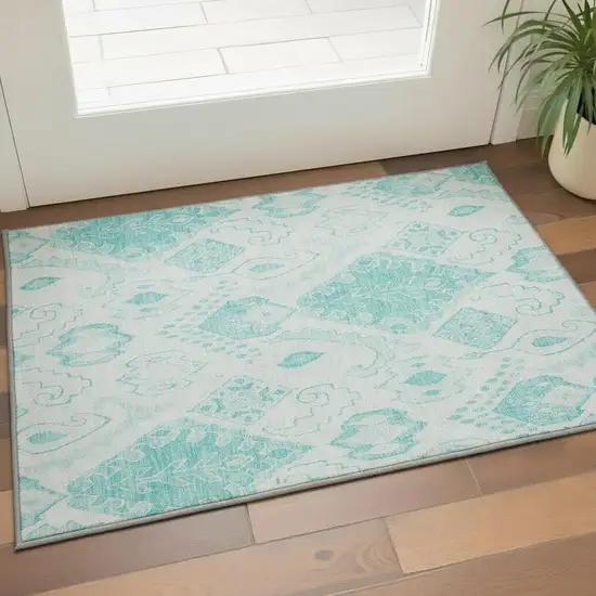 Teal And Ivory Moroccan Washable Area Rug With UV Protection Photo 2