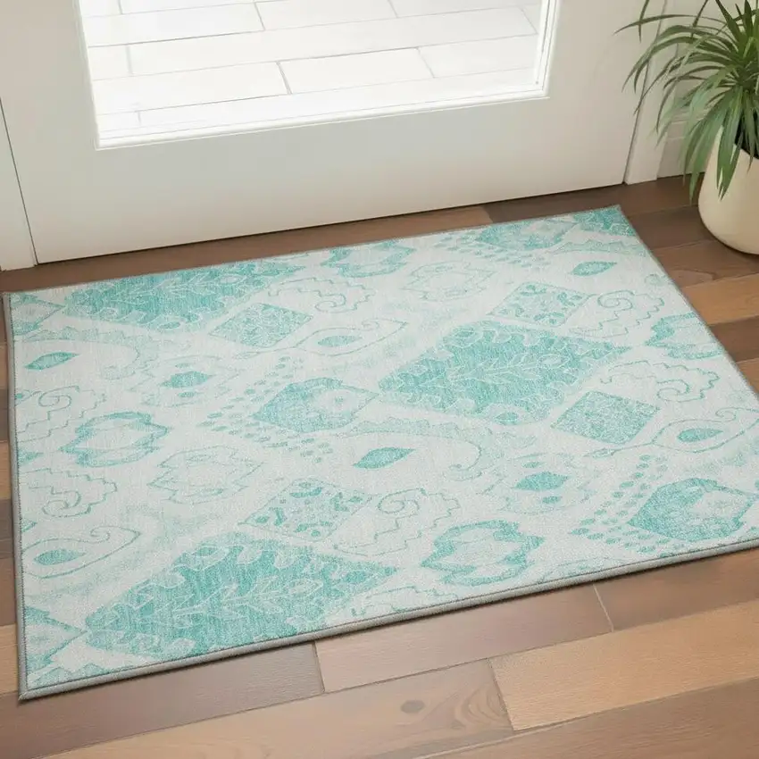 Teal And Ivory Moroccan Washable Area Rug With UV Protection Photo 2