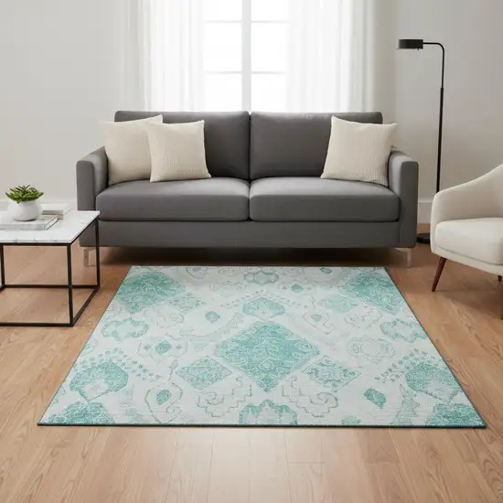 Teal And Ivory Moroccan Washable Area Rug With UV Protection Photo 2