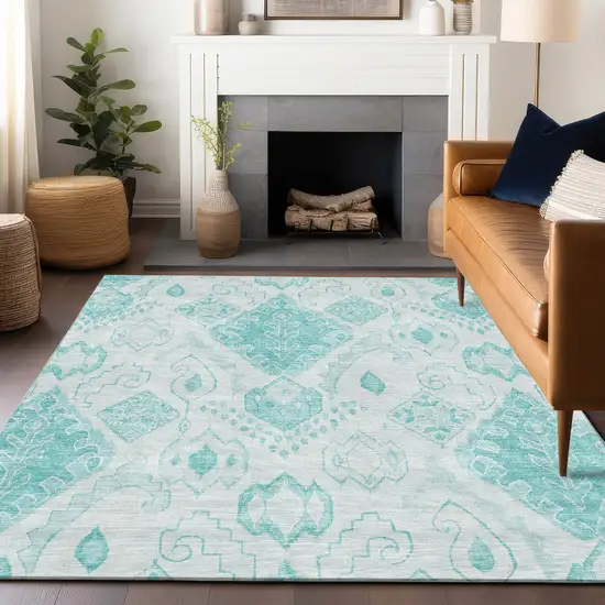 Teal And Ivory Moroccan Washable Area Rug With UV Protection Photo 6