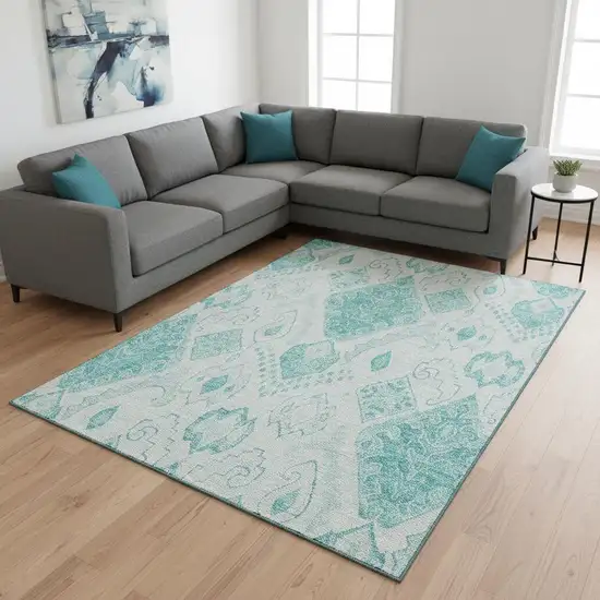 Teal And Ivory Moroccan Washable Area Rug With UV Protection Photo 2