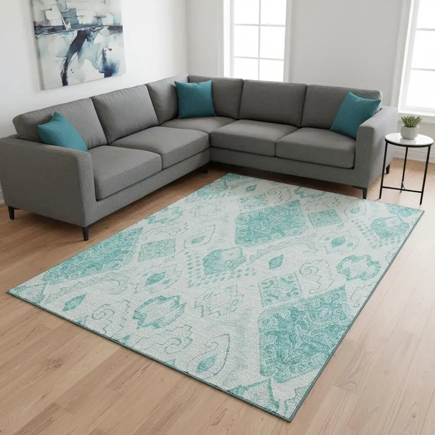 Teal And Ivory Moroccan Washable Area Rug With UV Protection Photo 2