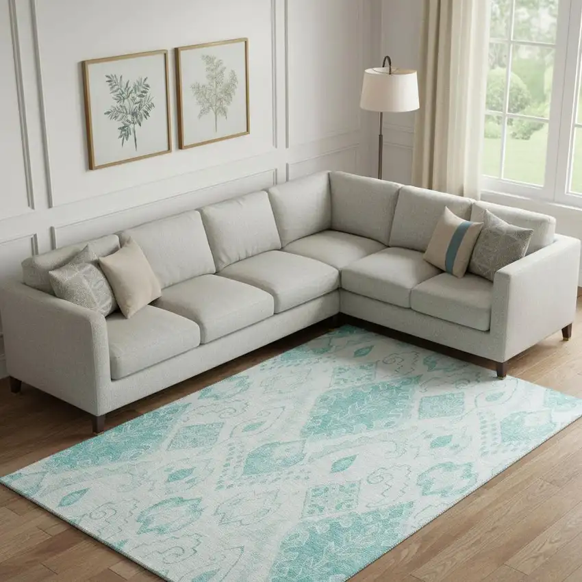 Teal And Ivory Moroccan Washable Area Rug With UV Protection Photo 1