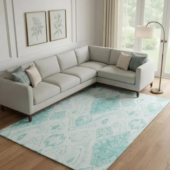 Teal And Ivory Moroccan Washable Area Rug With UV Protection Photo 1