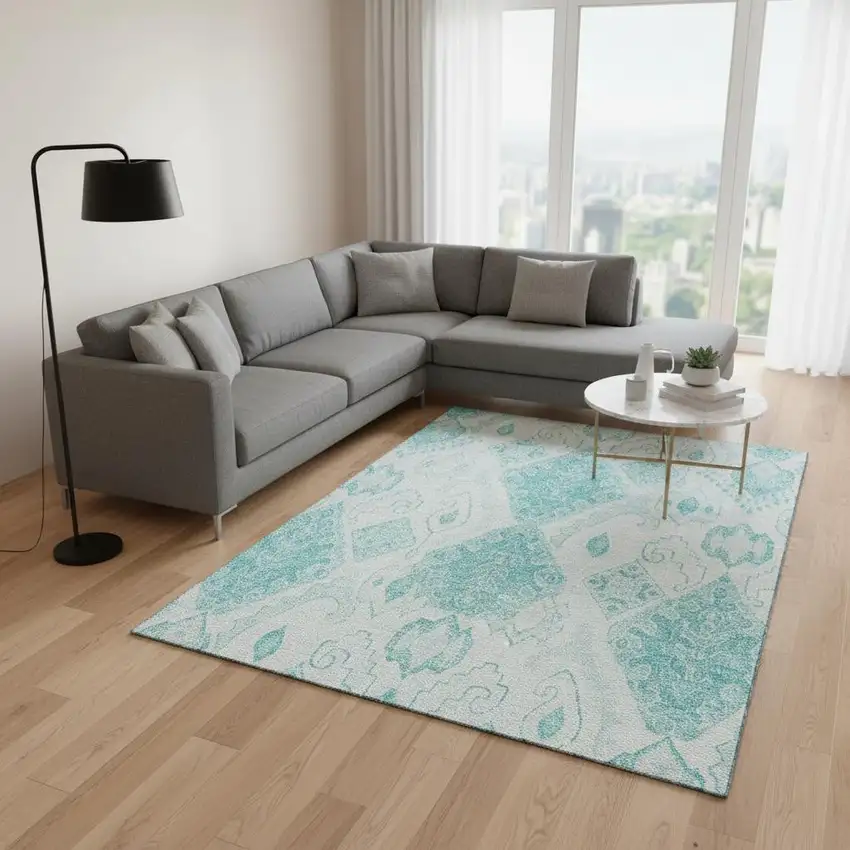 Teal And Ivory Moroccan Washable Area Rug With UV Protection Photo 2