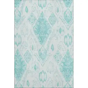 Photo of Teal And Ivory Moroccan Washable Area Rug With UV Protection