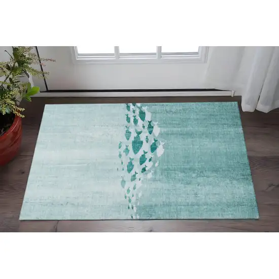 Teal And Ivory Nautical Washable Area Rug With UV Protection Photo 2
