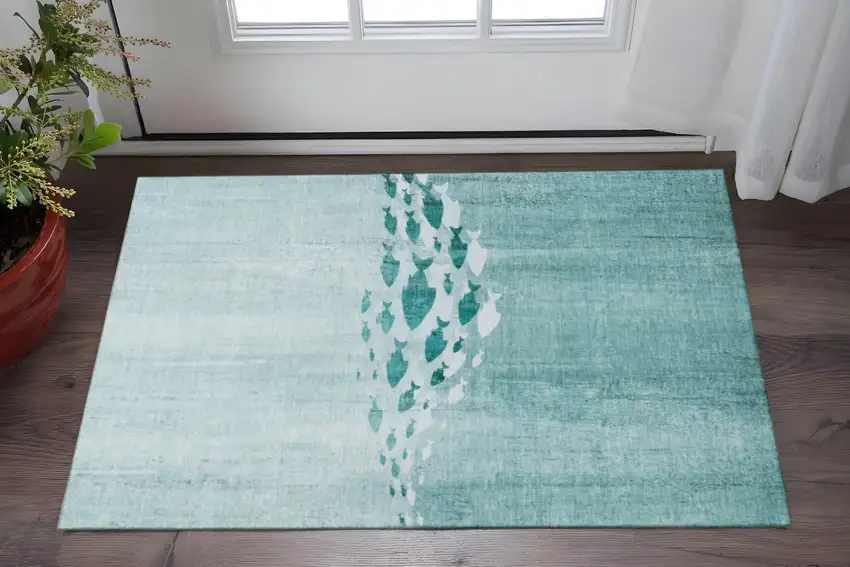 Teal And Ivory Nautical Washable Area Rug With UV Protection Photo 2
