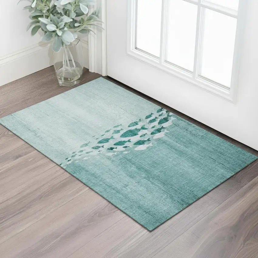 Teal And Ivory Nautical Washable Area Rug With UV Protection Photo 1