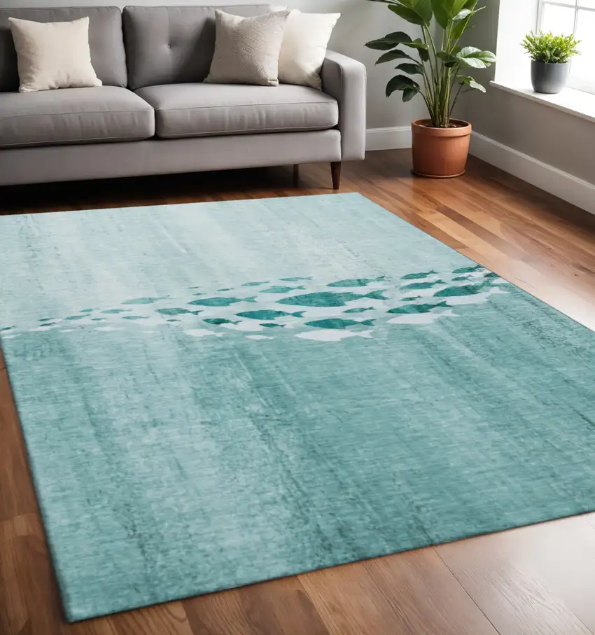 Teal And Ivory Nautical Washable Area Rug With UV Protection Photo 2
