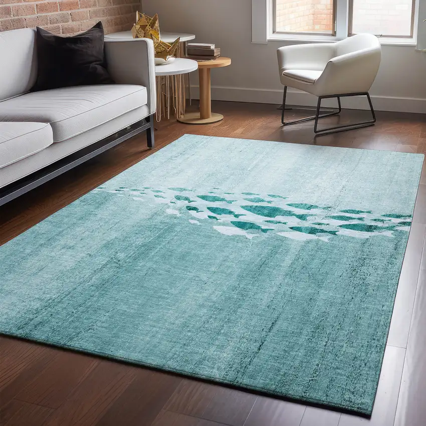 Teal And Ivory Nautical Washable Area Rug With UV Protection Photo 4