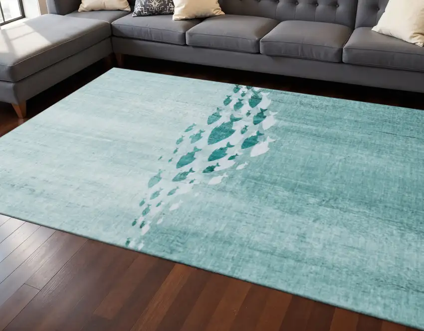 Teal And Ivory Nautical Washable Area Rug With UV Protection Photo 2
