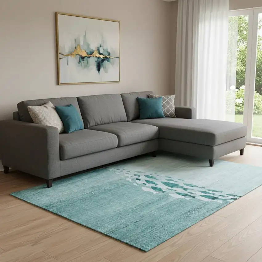 Teal And Ivory Nautical Washable Area Rug With UV Protection Photo 1