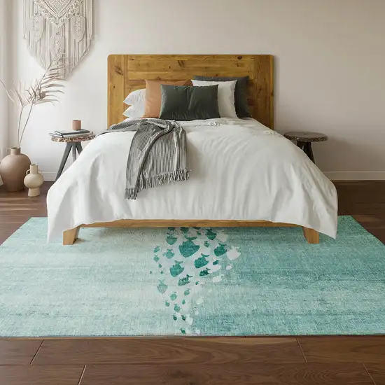 Teal And Ivory Nautical Washable Area Rug With UV Protection Photo 5