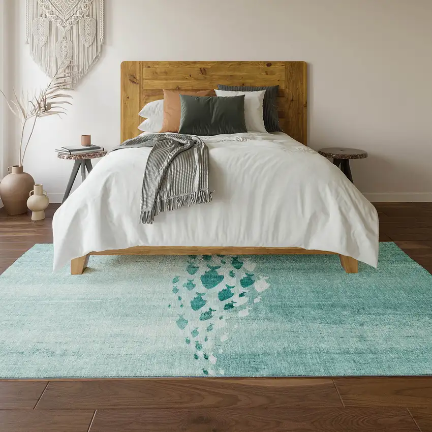 Teal And Ivory Nautical Washable Area Rug With UV Protection Photo 5