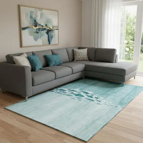 Teal And Ivory Nautical Washable Area Rug With UV Protection Photo 1