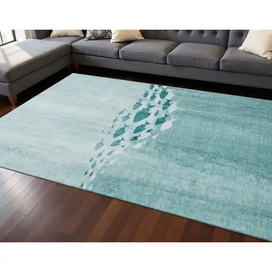 Teal And Ivory Nautical Washable Area Rug With UV Protection Photo 2