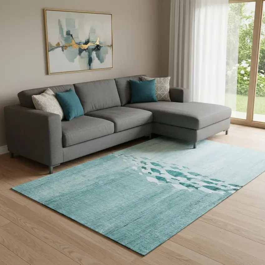 Teal And Ivory Nautical Washable Area Rug With UV Protection Photo 1