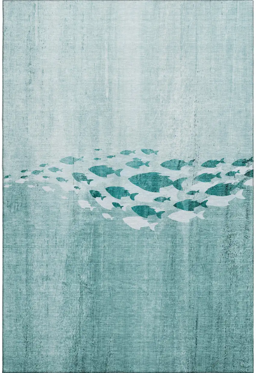 Teal And Ivory Nautical Washable Area Rug With UV Protection Photo 1