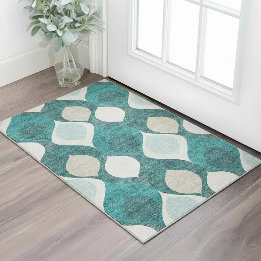 Teal And Ivory Ogee Washable Area Rug With UV Protection Photo 2