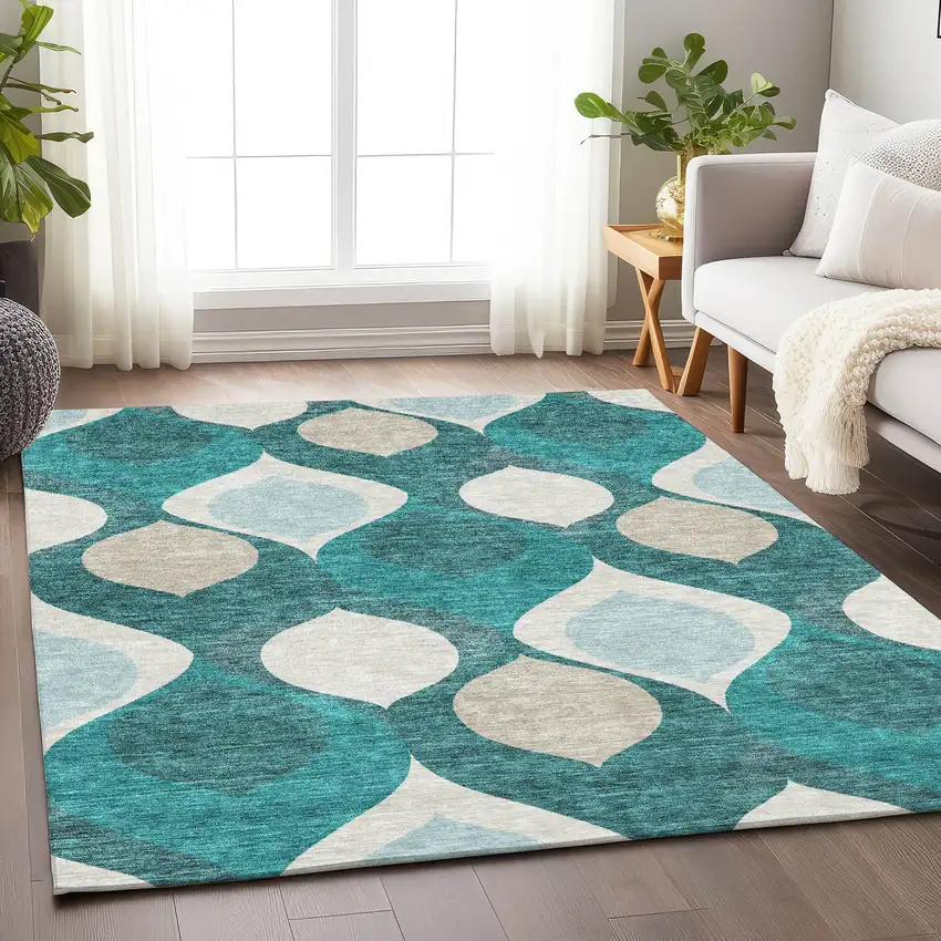 Teal And Ivory Ogee Washable Area Rug With UV Protection Photo 4