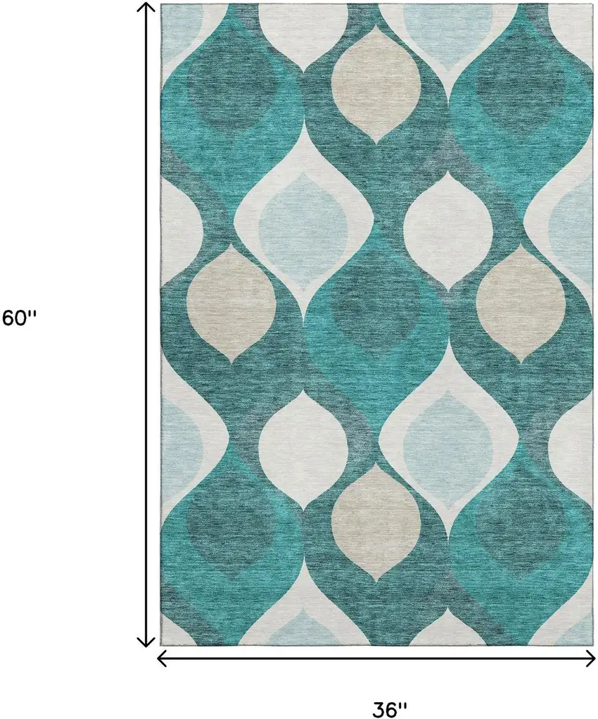 Teal And Ivory Ogee Washable Area Rug With UV Protection Photo 3