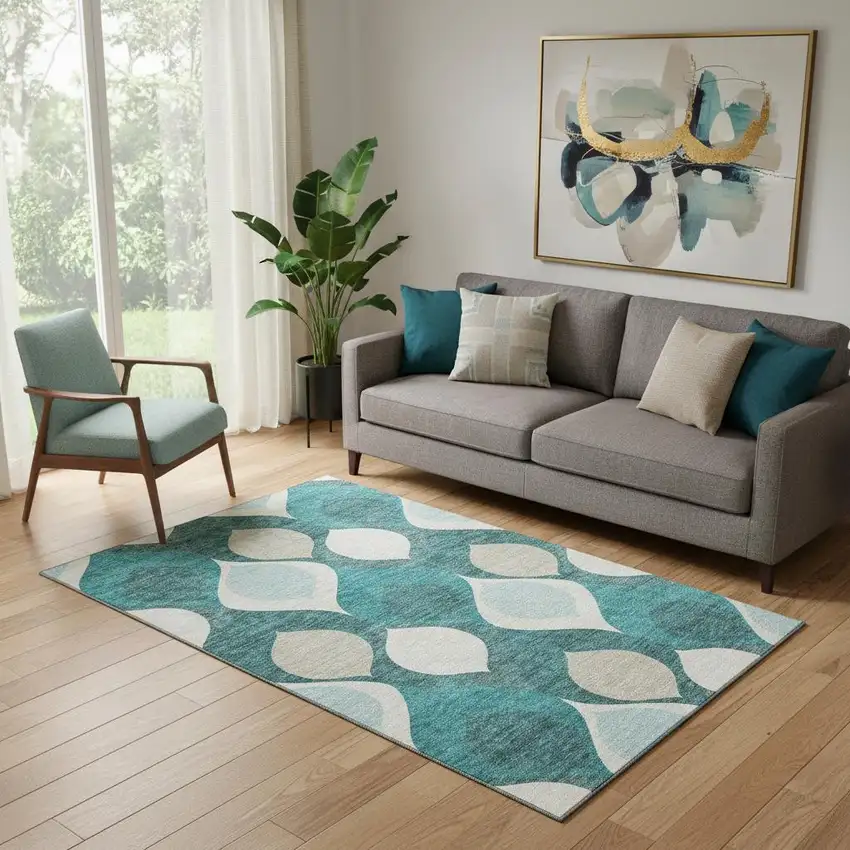 Teal And Ivory Ogee Washable Area Rug With UV Protection Photo 1