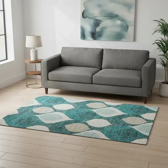 Teal And Ivory Ogee Washable Area Rug With UV Protection Photo 2