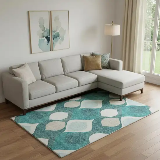Teal And Ivory Ogee Washable Area Rug With UV Protection Photo 1