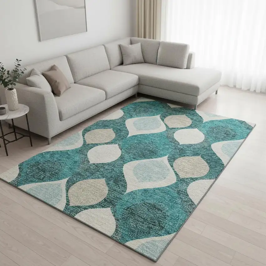 Teal And Ivory Ogee Washable Area Rug With UV Protection Photo 2