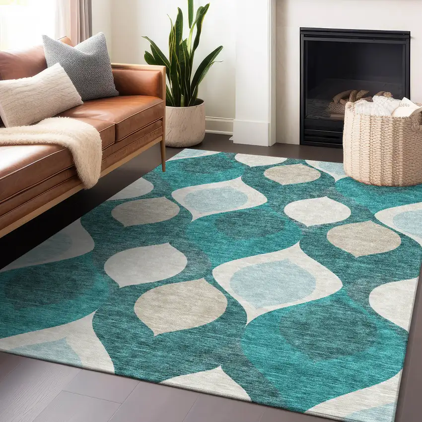 Teal And Ivory Ogee Washable Area Rug With UV Protection Photo 6