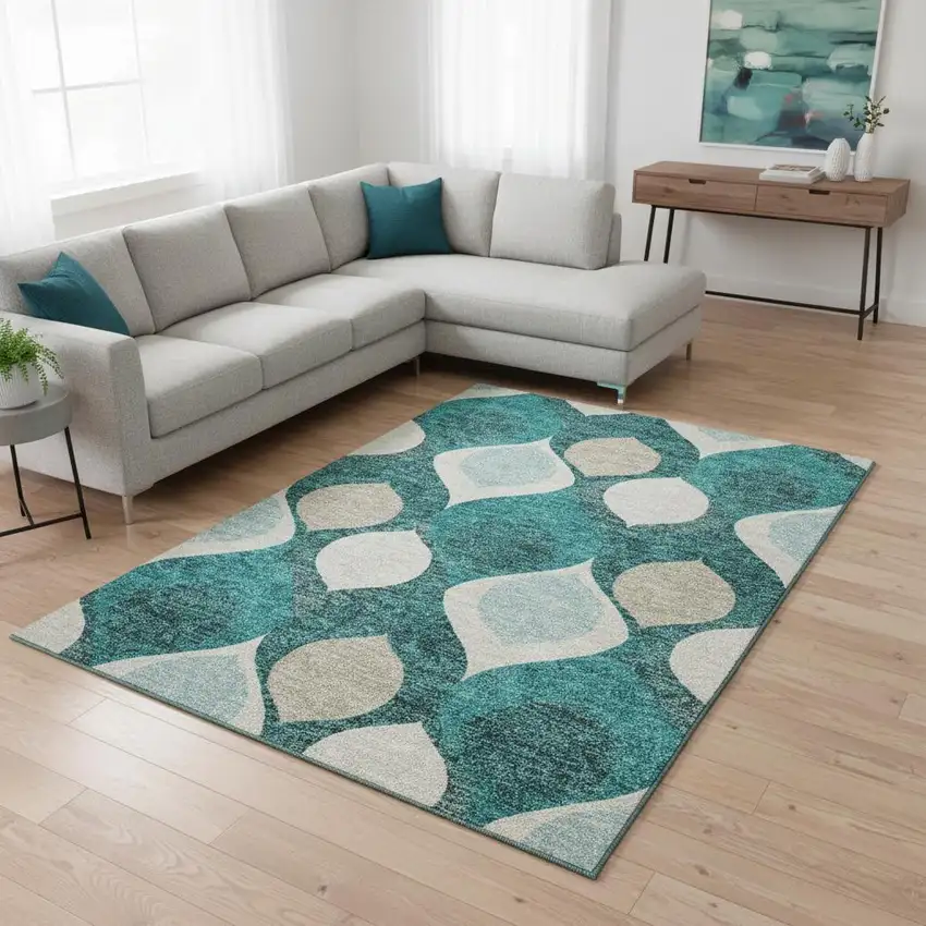 Teal And Ivory Ogee Washable Area Rug With UV Protection Photo 2