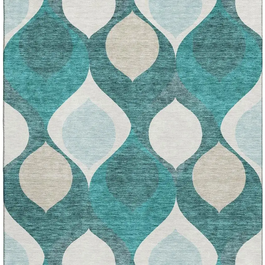 Teal And Ivory Ogee Washable Area Rug With UV Protection Photo 3
